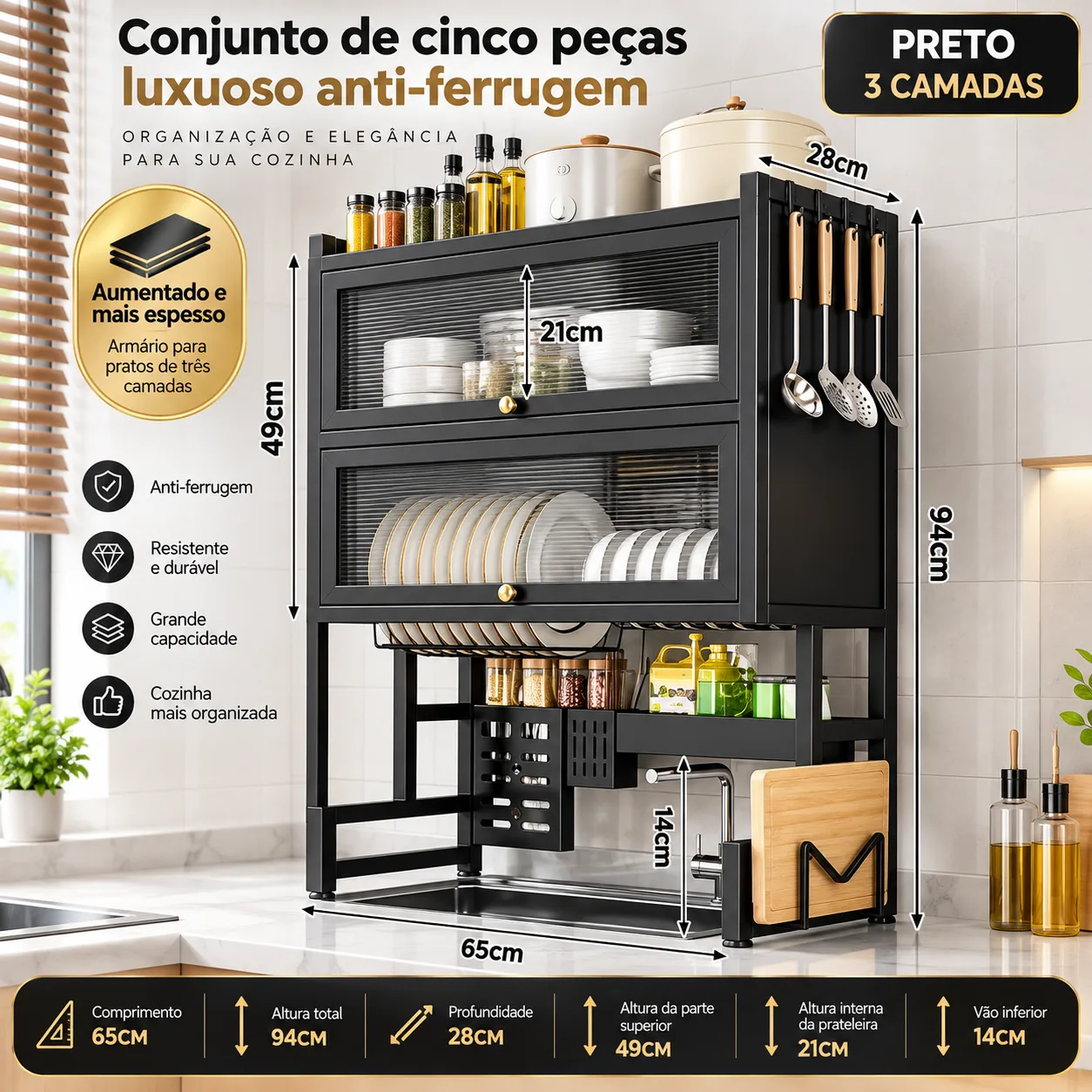 Escorredor de Louça Suspenso Aço Inoxidável Organizador de Cozinha com 2 Níveis - De 65 a 105cm