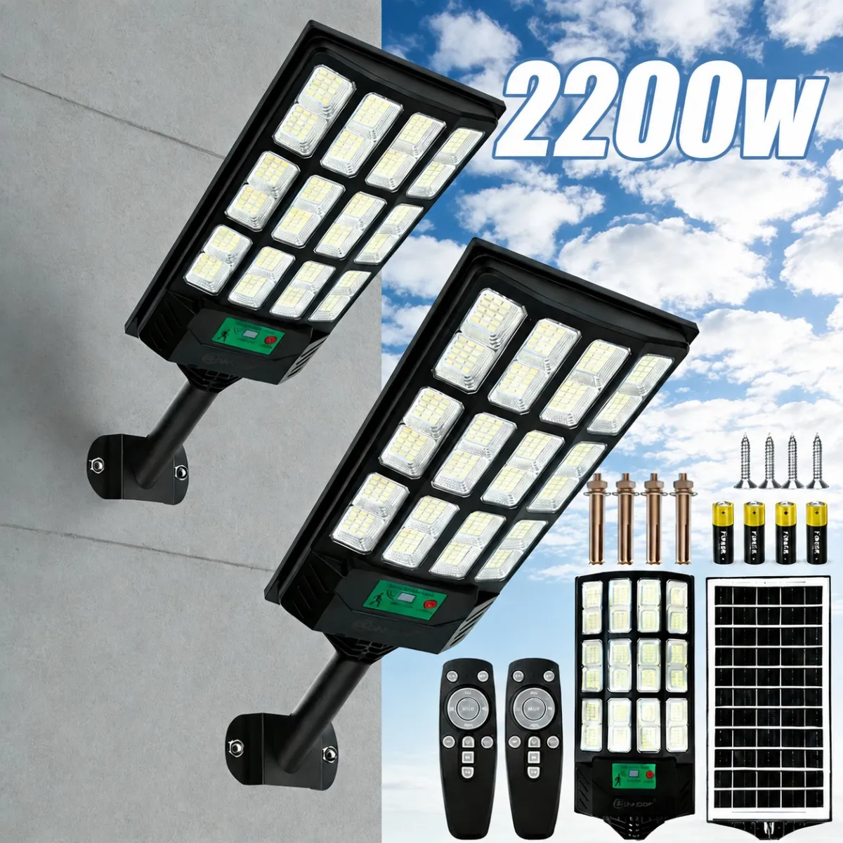 Kit 2 Luminárias Poste Solar 2200W com Sensor de Presença e Controle Remoto